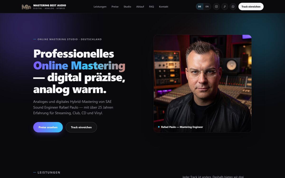 Startseite der Website Mastering Best Audio in der Desktop-Ansicht
