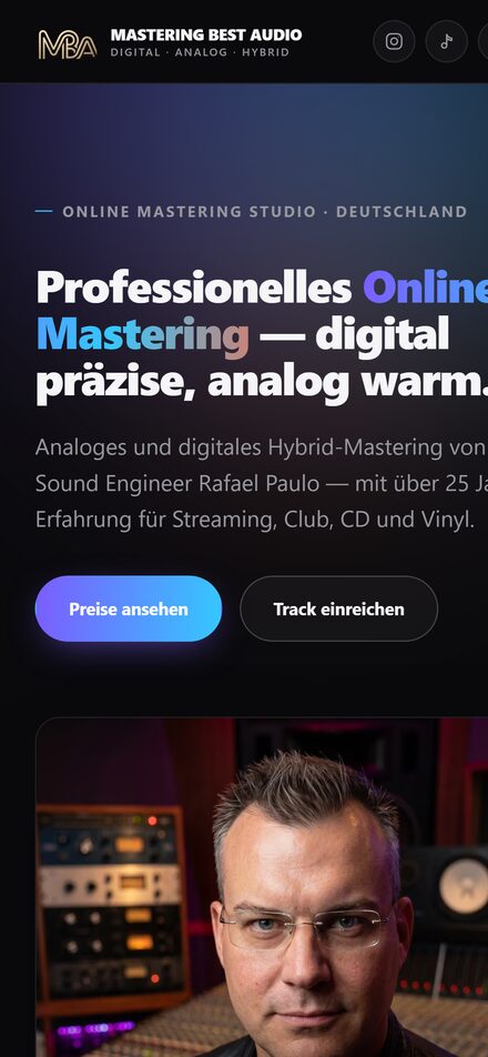 Website Mastering Best Audio in der Smartphone-Ansicht
